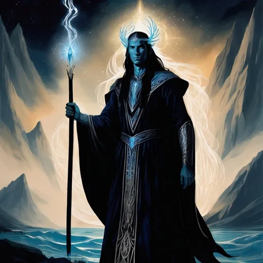 Prompt: Generate artwork of Eru Ilúvatar and the Valar from J.R.R. Tolkien's "The Silmarillion."

**Characters:**
1. Eru Ilúvatar: The supreme being, depicted as a majestic figure radiating light and wisdom.
2. Manwë: The leader of the Valar, portrayed with an air of authority and majesty, often accompanied by his eagle companion, Thorondor.
3. Varda: The Queen of the Valar, associated with stars and light, depicted as ethereal and radiant.
4. Ulmo: The Lord of Waters, depicted with flowing blue robes and surrounded by the sea.
5. Melkor (Morgoth): The fallen Vala, once the mightiest of the Ainur, now portrayed with a dark and sinister presence.

**Instructions:**
- Capture the divine and majestic nature of Eru Ilúvatar and the Valar.
- Incorporate symbolic elements associated with each character.
- Use a style that reflects the mythological and fantastical setting of Tolkien's world.
**Notes:**
generate more than one character in one picture.
make them ethereal