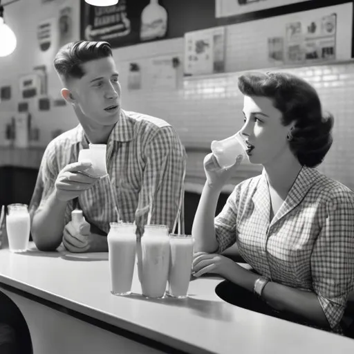 Prompt: male and female drinking same milkshake in soda shop in 50s