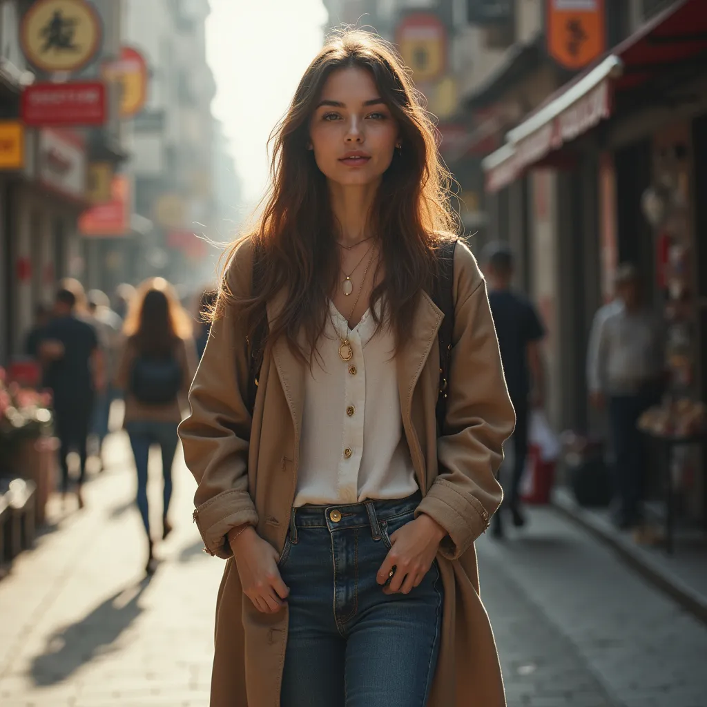 Prompt: Tall young woman walking down the high street, detailed clothing, realistic, natural lighting