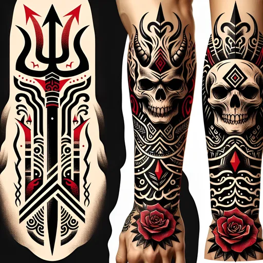 Prompt: Design a black and red tattoo for the left hand/forearm. Focus on Poseidon's trident on the back of the hand, with tribal/geometric waves around it. Include heavy blackwork, negative space, and integrate a skull/roses. Blend with existing 'OTF' and phoenix tattoos, ensuring visibility and intricate detail