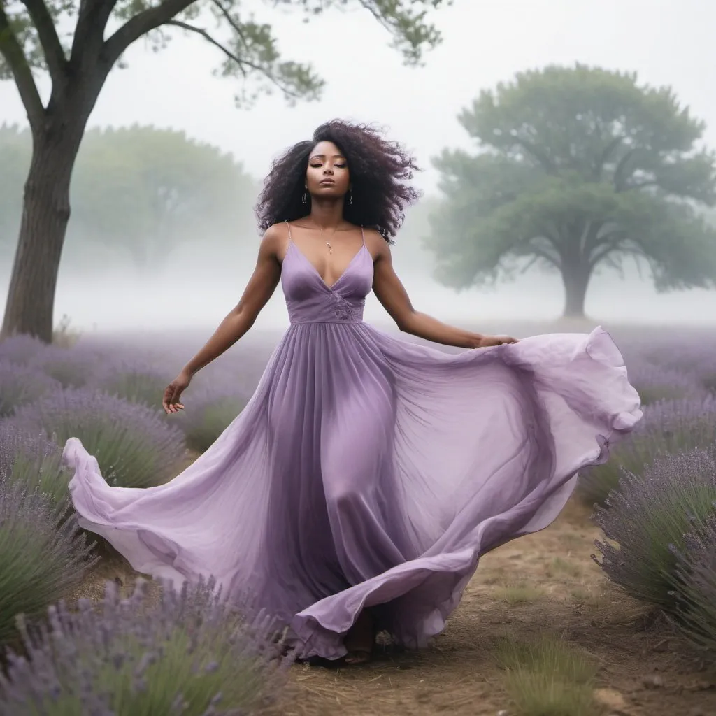 Prompt: a beautiful black woman in a flowing lavender dress in a misty eerie field with wind blowing through the trees