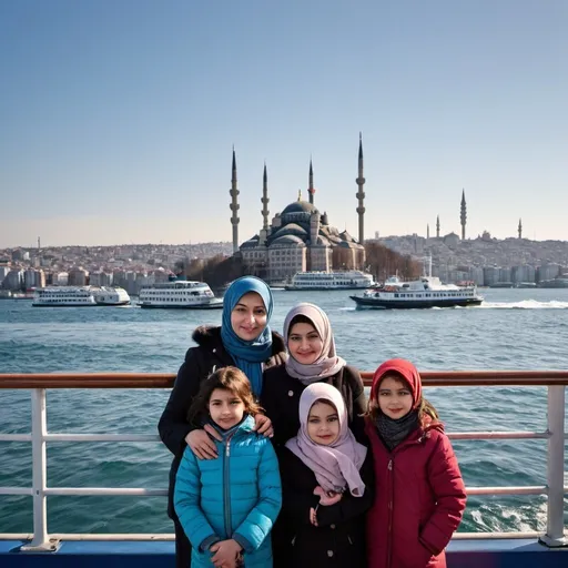 Prompt: A family of a husband, a wife, and three daughters on a ferry in Istanbul on a sunny and cold January day, ready to depart to Bursa and navigate the Marmara Sea. The family is not in the center of the image. You can see typical highlights of Istanbul, like the mosques, Galata Tower, Bosphorus Bridge, and seagulls.