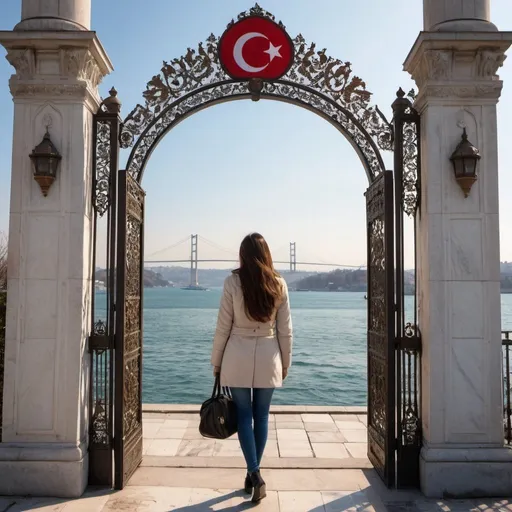 Prompt: Create an image of my 20 years old daughter on a very sunny but cold winter day in the famous white-color gates of Beylerbeyi Palace in Istanbul, with the Bosphorus as a background along with the big Bosphorus bridge, some mosques in the other part of the city and Turkish flags. The gates should be depicted with their intricate Baroque design, featuring lavish decorations and elegant motifs. The entrance is flanked by tall, white marble columns adorned with detailed carvings of floral patterns and Ottoman symbols. Above the gates is a large, central arch with an elaborate keystone, crowned by a decorative crest with gilded accents in golden colors. The wrought-iron gate itself is intricate, with swirling patterns and a luxurious feel, set against the backdrop of the palace’s lush gardens and the Bosphorus Strait visible in the distance and its famous enormous bridge that connects the European with the Asian side of the city. The scene should exude a sense of historical grandeur and architectural splendor."