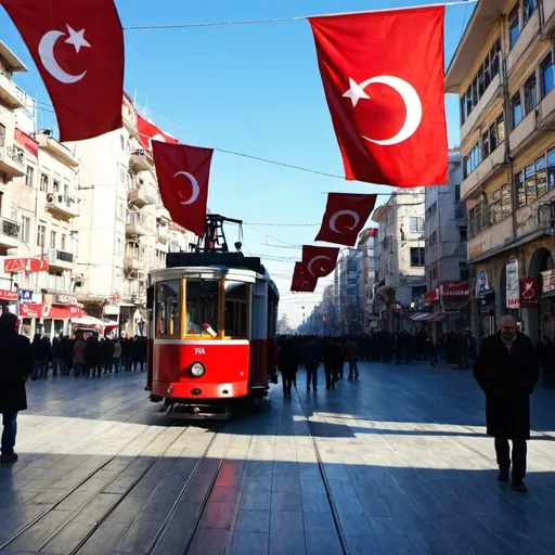 Prompt: A cold and sunny January day in Taksim Square in Istanbul. It should have the Turkish red-color tram, Turkish flags, and the starting point of Istiklal street. 
