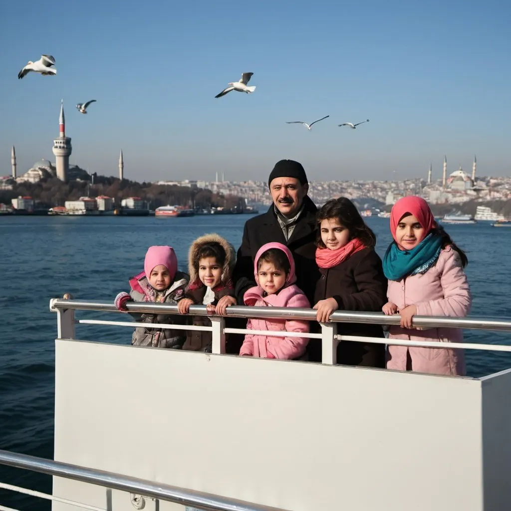 Prompt: A family of 5: a husband, wife, and three daughters on a ferry in Istanbul on a sunny and cold January day, ready to depart to Bursa and navigate the Marmara Sea. The family is not in the center of the image. You can see typical highlights of Istanbul, like the mosques, Galata Tower, Bosphorus Bridge, and seagulls.