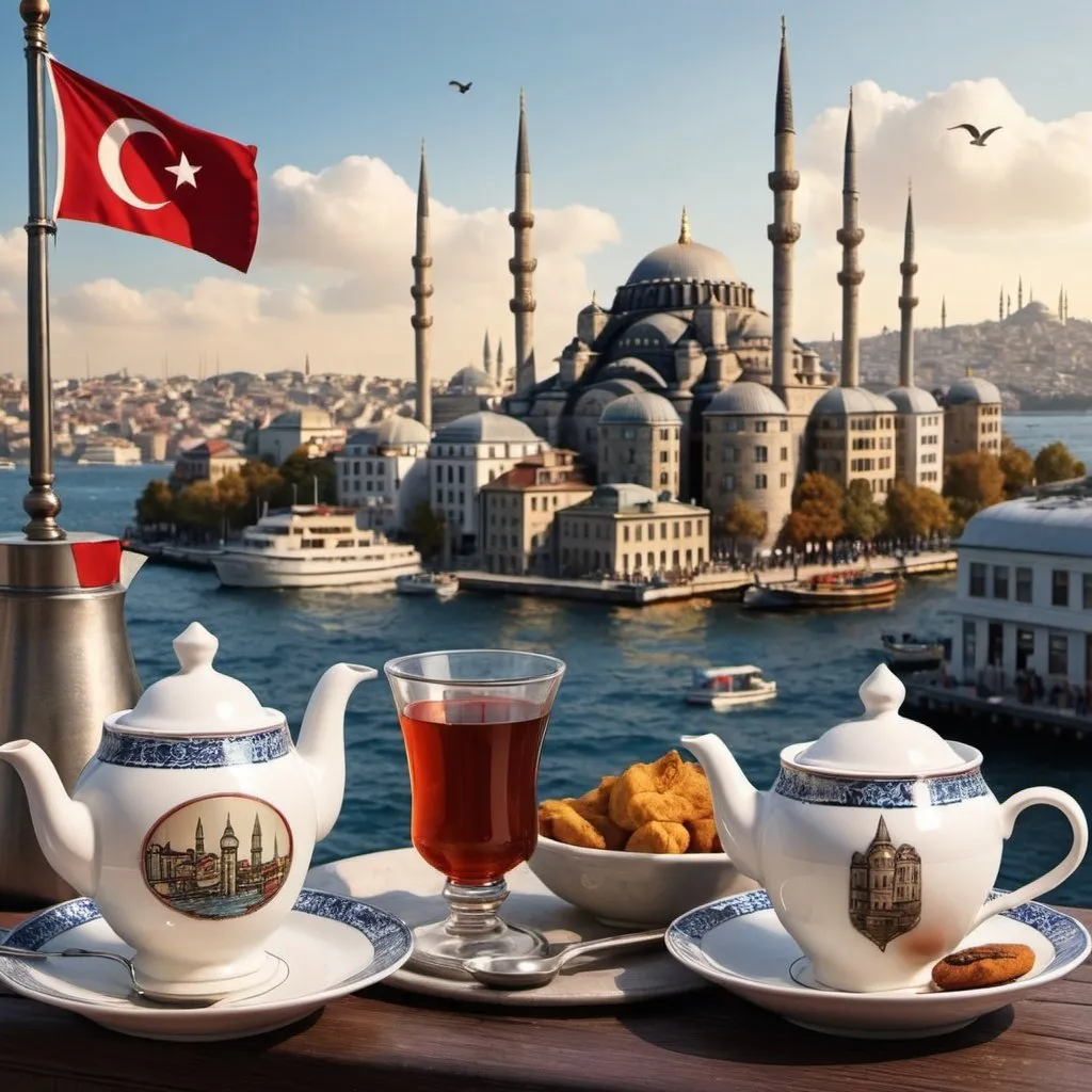 Prompt: "Create a beautiful image of Istanbul that includes its most famous attractions. Make sure you add the Galata Tower, a Turkish flag, a street cat, and a Turkish cup of tea."