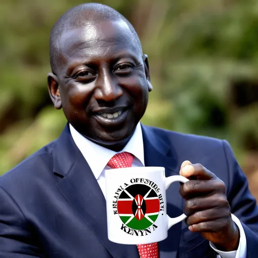 Prompt: Image of William samoei ruto holding a mug labelled Kenya 