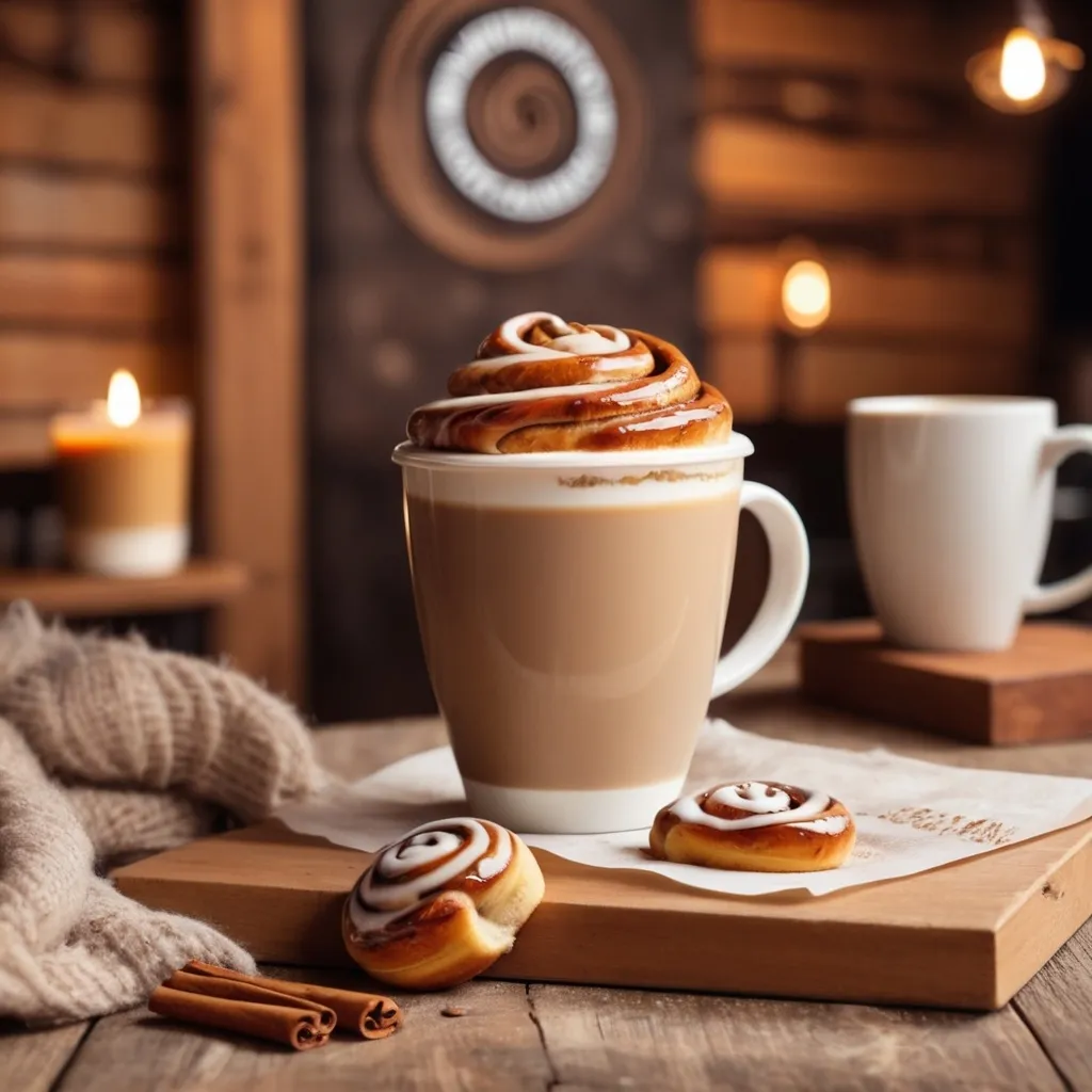 Prompt: Cozy cinnamon bun latte, set in a coffee shop, suggestions of cinnamon and caramel swirls, rustic vibes. cozy backdrop setting. No cinnamon bun in the cup.