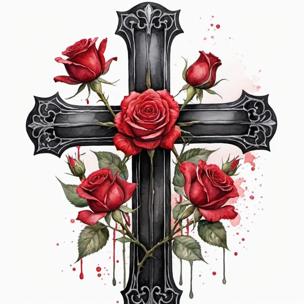 Prompt: A black wooden cross, with red roses centered, in watercolor, white background