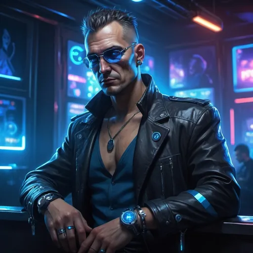 Prompt: a cyberpunk guy, fixer, big and russian, middle age, smurky face, in a club privee with blue and smooth lights