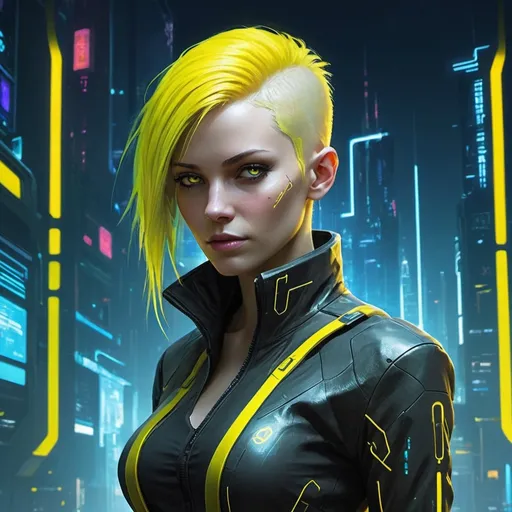 Prompt: Generate an image of a futuristic Netrunner inspired by the universe of Cyberpunk 2077. The Netrunner should be a slender human figure with fluorescent yellow hair. She wears a futuristic, technological netrunner suit. Ensure that the Netrunner has visible cybernetic implants but maintains a human appearance. Convey an atmosphere of mystery and advanced technology