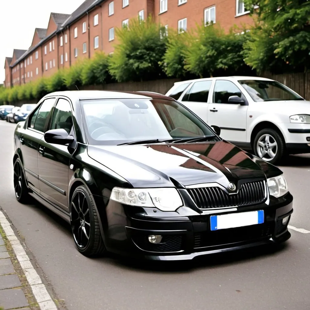 Prompt: A tastefully modified Skoda Octavia vrs about 2001-2006 with an open bonnet and make it black