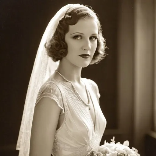 Prompt: a gorgeous woman on her wedding day. wearing a 1930's gown 