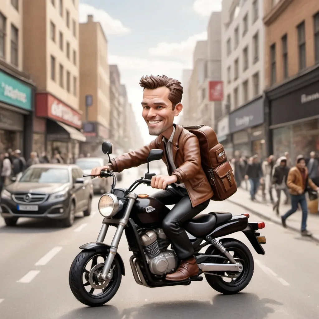 Prompt: 4D caricature image of a man in a brown jacket and black trousers riding a motorbike on a busy city street