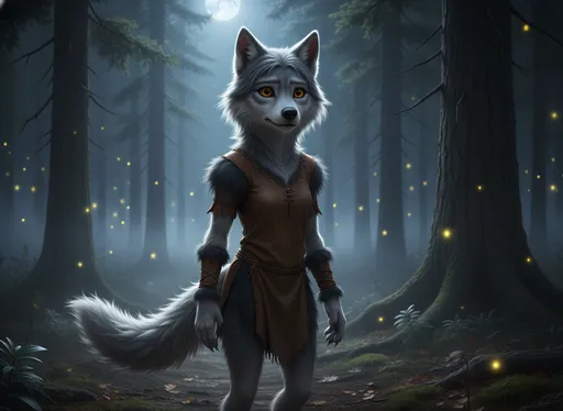 Prompt: @PdiyWWeAyvnC9PE7w6PU A 15-year-old wolf girl with a graceful yet wild presence, standing at the edge of a moonlit forest. She has soft silver-gray fur with subtle white markings, glowing amber eyes filled with curiosity and emotion, and a gentle but determined expression. Her ears are alert, and her fluffy tail sways calmly behind her. She wears a simple, handmade forest outfit made of leather and fur, symbolizing her connection to nature and her pack. The lighting is cinematic and emotional, with moonlight filtering through tall pine trees, mist drifting through the air, and fireflies glowing softly. The style is ultra-realistic, fantasy-drama movie quality, 4K detail, shallow depth of field, dramatic shadows, magical yet grounded atmosphere.
