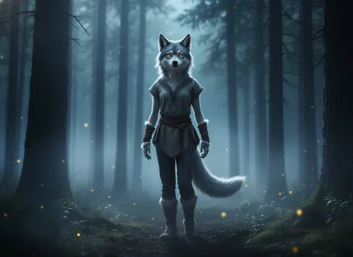 Prompt: @PdiyWWeAyvnC9PE7w6PU A 15-year-old wolf girl with a graceful yet wild presence, standing at the edge of a moonlit forest. She has soft silver-gray fur with subtle white markings, glowing amber eyes filled with curiosity and emotion, and a gentle but determined expression. Her ears are alert, and her fluffy tail sways calmly behind her. She wears a simple, handmade forest outfit made of leather and fur, symbolizing her connection to nature and her pack. The lighting is cinematic and emotional, with moonlight filtering through tall pine trees, mist drifting through the air, and fireflies glowing softly. The style is ultra-realistic, fantasy-drama movie quality, 4K detail, shallow depth of field, dramatic shadows, magical yet grounded atmosphere.