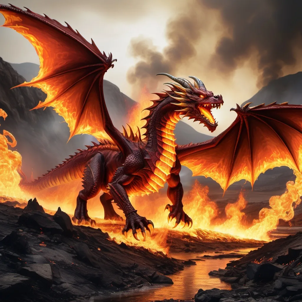 Prompt: A fierce fire dragon breathing a torrent of flames across a scorched landscape.