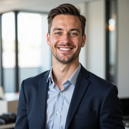 Prompt: A confident man with well-groomed hair, light stubble, a warm smile, and a professional outfit. Minimalist setting with natural lighting, a desk, and a laptop. Approachable, with direct eye contact and subtle accessories.