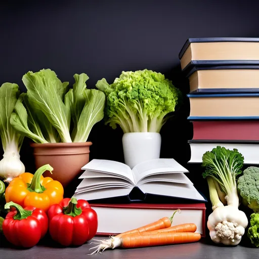 Prompt: Books surrounded by a few vegetables image