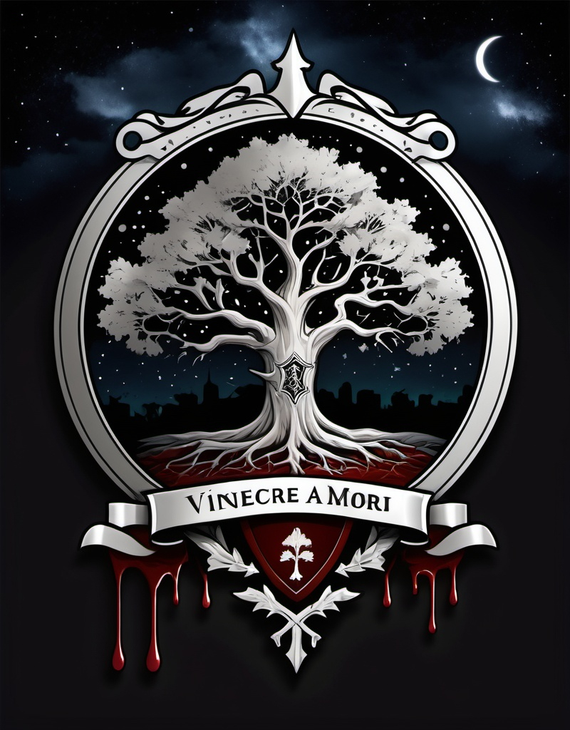 Prompt: dark night sky, oak tree emblem, family crest  Vincere Aut Mori as the banner, a silver blade in the tree with blood leaking out onto the ground, high quality