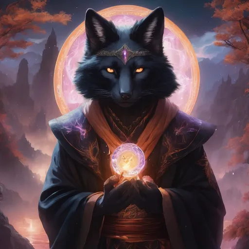 Prompt: (Black furred Kitsune), wearing (mage robes), adorned with a leather headband, (casting a spell) with vivid glowing magical energy, surrounded by swirling arcane symbols. The background features a blurred ethereal landscape filled with mystical elements, creating an enchanting atmosphere. Rich colors and intricate details ensure a high-quality ultra-detailed 4K imagery that captivates the viewer with its magical essence.