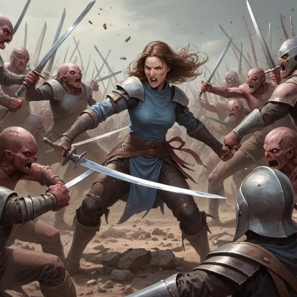 Prompt: woman fighting of hoard of mutants with her longsword