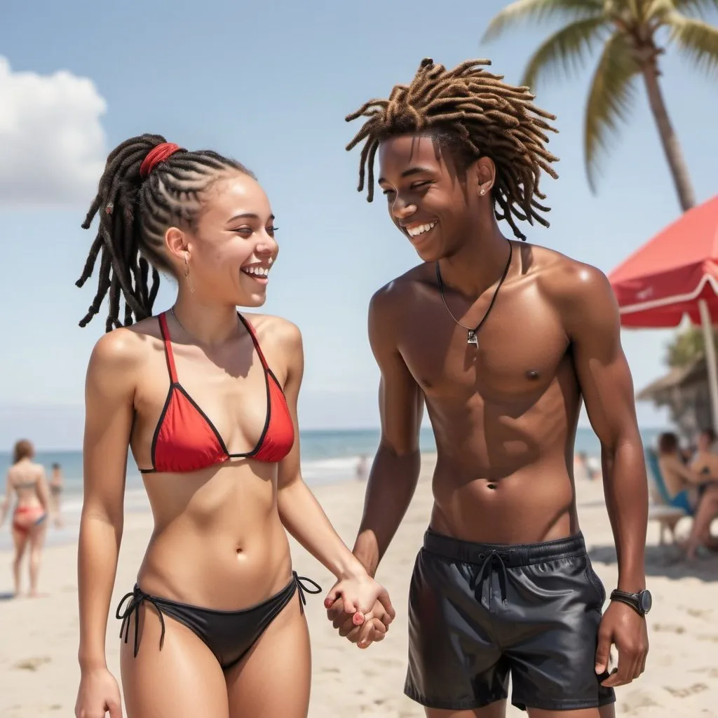 Prompt: Realistic beach scene of a light-skinned teenage guy and his black girlfriend, matching swimsuits, red and black Nike shoes, both with short dreads, laughing and holding hands, sunny beach setting, relaxed and joyful expressions, detailed facial features, casual beachwear, warm natural lighting, high quality, realism, detailed hands, carefree atmosphere