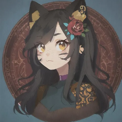 Prompt: Profile picture, Adventure time art style, female, black hair, the undercut hairstyle, long hair, Neko, cat ears, gothic hairstyle, elegant brown eyes, rosy cheeks, freckles on cheeks, black eyeliner, viking patterns on skin, leather corset, Teal Background