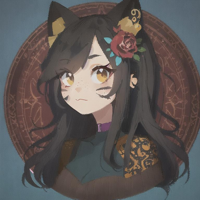 Prompt: Profile picture, Adventure time art style, female, black hair, the undercut hairstyle, long hair, Neko, cat ears, gothic hairstyle, elegant brown eyes, rosy cheeks, freckles on cheeks, black eyeliner, viking patterns on skin, leather corset, Teal Background