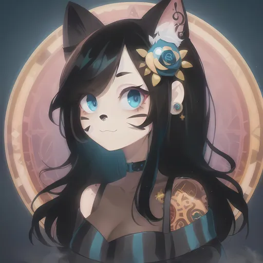 Prompt: Profile picture, Adventure time art style, female, black hair, the undercut hairstyle, long hair, Neko, cat ears, gothic hairstyle, elegant brown eyes, rosy cheeks, freckles on cheeks, black eyeliner, viking patterns on skin, leather corset, Teal Background