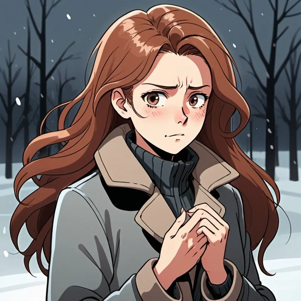 Prompt: Cartoon illustration of a woman in a grey coat, feeling chest tightness, holding her chest, detailed chestnut colored half-up hair, cold atmospheric lighting, cold tones, detailed eyes, asthma attack, high-res, anime style, professional