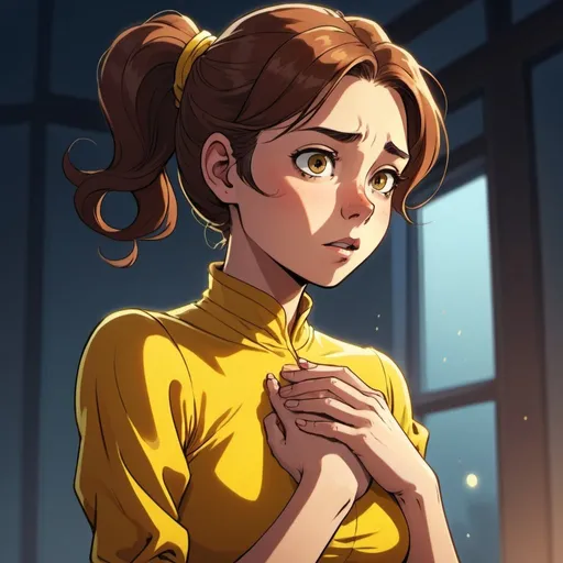 Prompt: Cartoon illustration of a woman in yellow dress, feeling chest tightness, holding her chest, detailed chestnut colored short ponytail hair, cold atmospheric lighting, cold tones, detailed eyes, asthma attack, high-res, anime style, professional