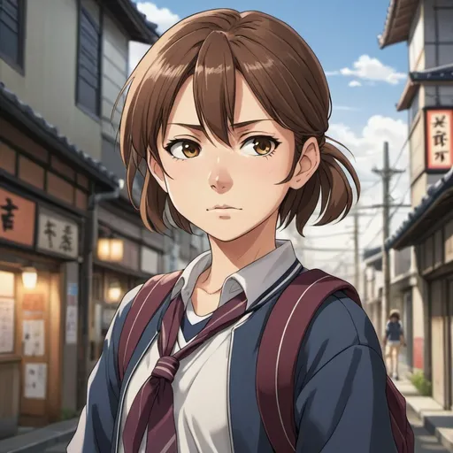 Prompt: Anime illustration of a spirited, tomboy 7th grader named Satomi Ichihara, shoulder-length brown hair tied back, Japanese-Spanish heritage, emotional, cool-toned, detailed eyes, active attire, urban setting, anime, detailed hair, youthful, energetic, professional, atmospheric lighting