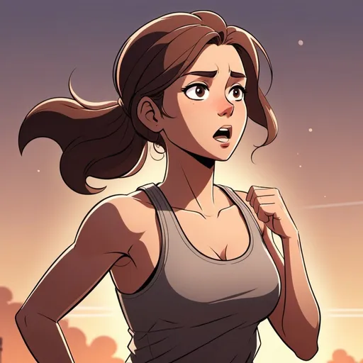 Prompt: Cartoon illustration of a woman having an asthma attack, brown tucked back hair, gripping her chest tightly, wearing tanktop, sports fashion, high-res, detailed, running at dawn, anime style, cool tones, atmospheric lighting