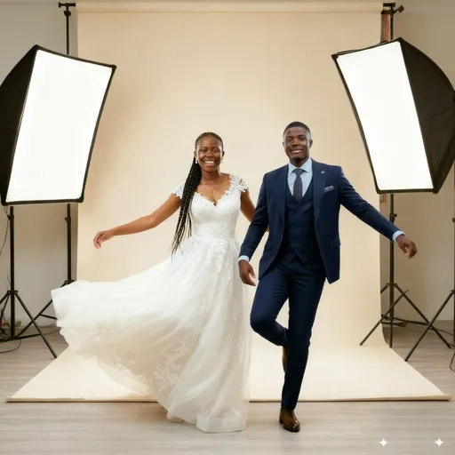 Prompt: Let them both smile happily and dance leg-work