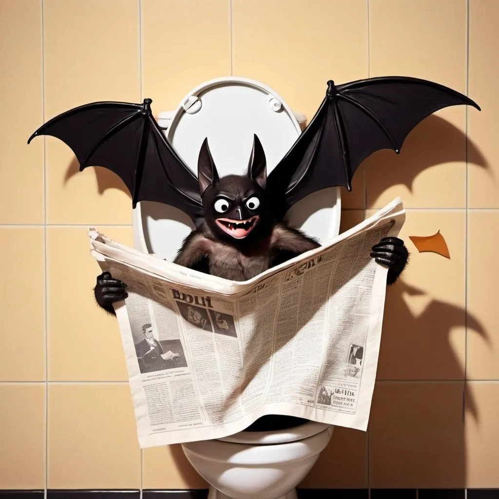Prompt: a bat reads a newspaper on the toilet, retro, minimalistic