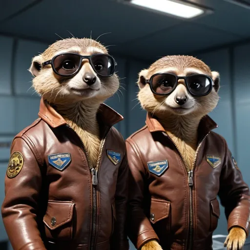 Prompt: Animated, non-human,meercats pilots. in leather jackets ,inside airplanewrestling for the flight controls, night.wet look