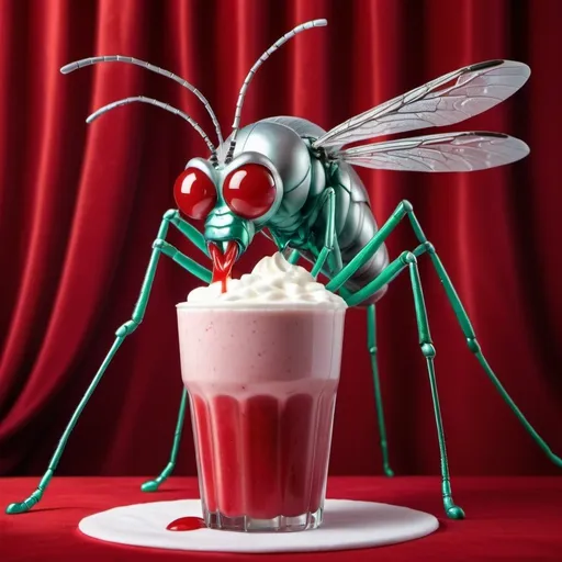 Prompt: a giant silver mosquito with glowing emerald eyes, is drinking a red milkshake with whip cream and a cherry on top, red velvet curtain background, overhead even lighting, sophisticated, funny, highly detailed.