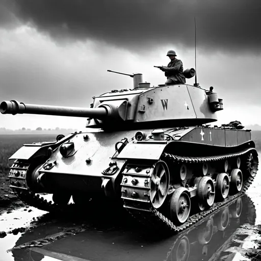 Prompt: WW1 tanks, misery, Grey scale, metallic, wet-look, minimalistic.