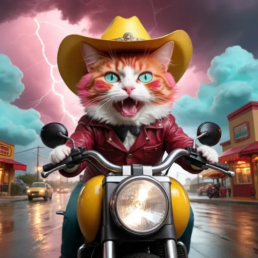 Prompt: Menacing, Pink eyed Hamalian cat with crimson red hair, ice cream texture, riding a giant yellow, Jello, motorcycle with a teal giant cowboy hat, goggles towards you, background red clouds, rain, thunder lightening, tsunami, emanant danger ,humorous, even lighting, humorous, animated, profession even lighting, realistic, blizzard