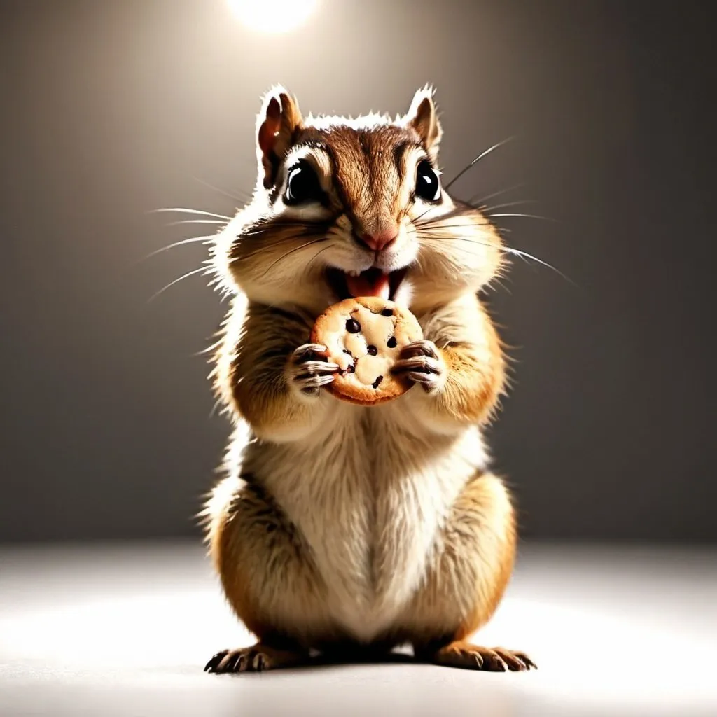 Prompt: Animated, extremely hungry chipmunk, devours a cookie.minimalistic, professional lighting. 