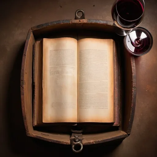 Prompt: A dusty well worn leather covered book is open, It sets on and aged wine barrel,  natural overhead lighting, minimalistic. 