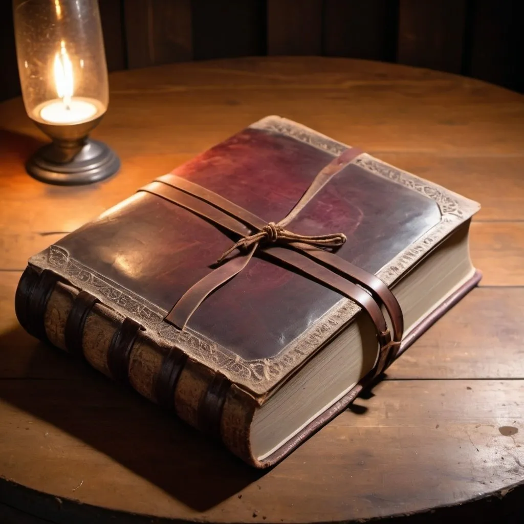 Prompt: A dusty well worn leather covered book is open, It sets on and aged wine barrel,  natural overhead lighting, minimalistic. 