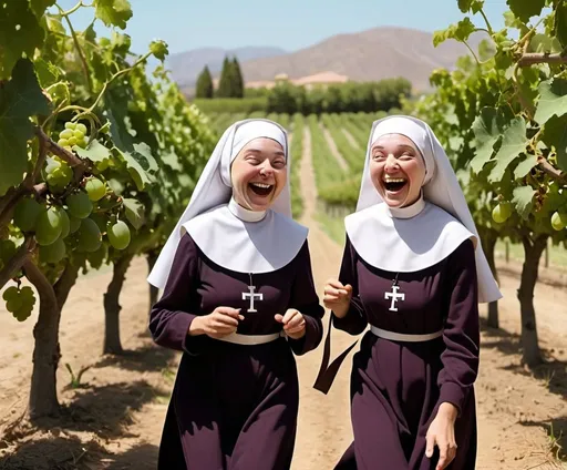 Prompt: Animated 2 nuns are laughing going through a fig orchard with grape vines and luscous grapes around, humorous, fun, natural lighting, minimalistic.
