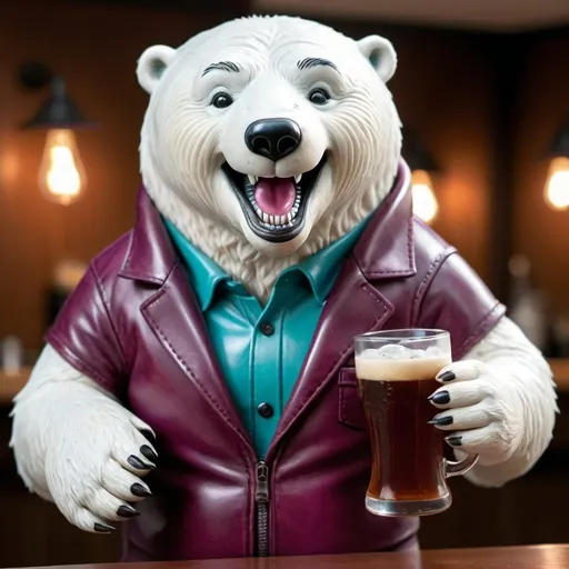 Prompt: A violet red and teal leather dressed Polar bear is laughing drinking rootbeer with a jovial seal, fun, highly detail,minimalistic,  soft lighting.