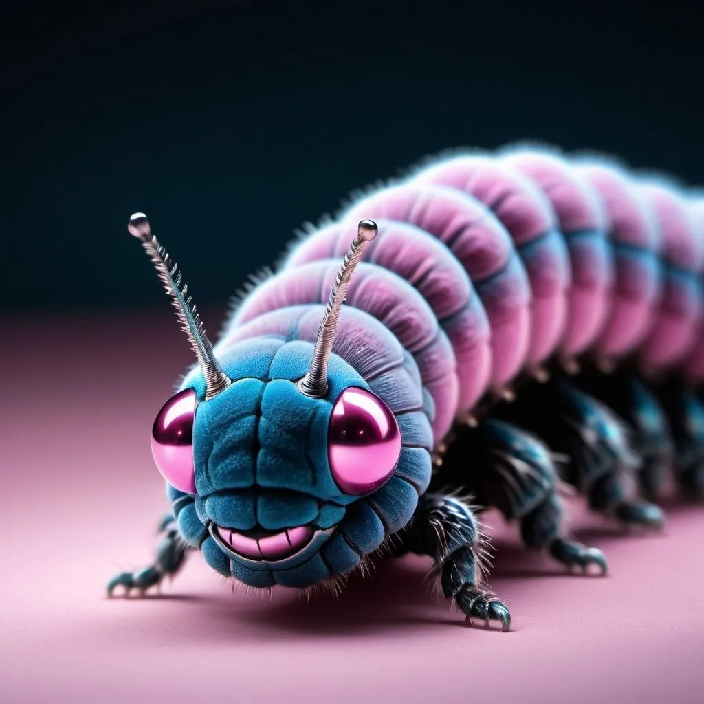 Prompt: Blue velvet caterpillar, pink eyes, silver legs, metallic, soft lighting, nighttime illumination, minimalistic, professional lighting, light moist, high quality, detailed, atmospheric, cool tones, surreal, elegant