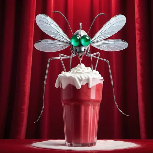 Prompt: a giant silver mosquito with glowing emerald eyes, is drinking a red milkshake with whip cream and a cherry on top, red velvet curtain background, overhead even lighting, sophisticated, funny, highly detailed.