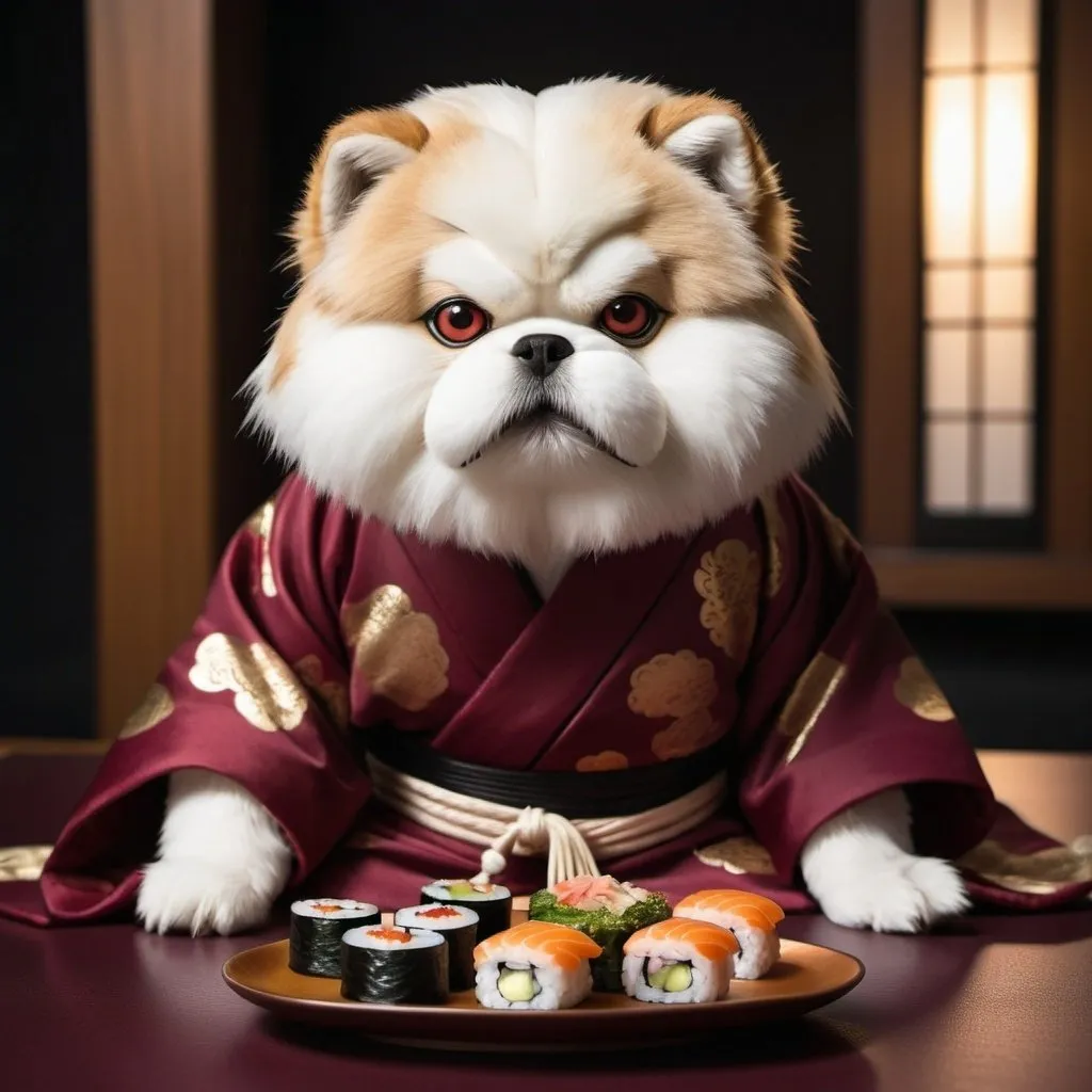 Prompt: Shitzu devouring  sushi in a burgundy robe with gold lining, detailed fur,hungry gaze, dynasty Japanese aesthetic, high quality, detailed, luxurious, traditional, elegant, detailed eyes, silk colors, natural moon lighting