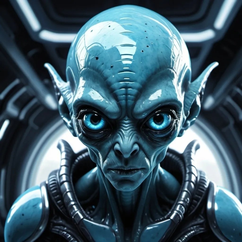 Prompt: Psychotic alien with baby-blue shiny skin, black marbled professionally sharpened eyes, menacing, high contrast, spaceship background, retro, detailed alien skin, intense gaze, futuristic spaceship, professional, menacing lighting, highres, high contrast, retro style, cool tones, detailed eyes, atmospheric lighting