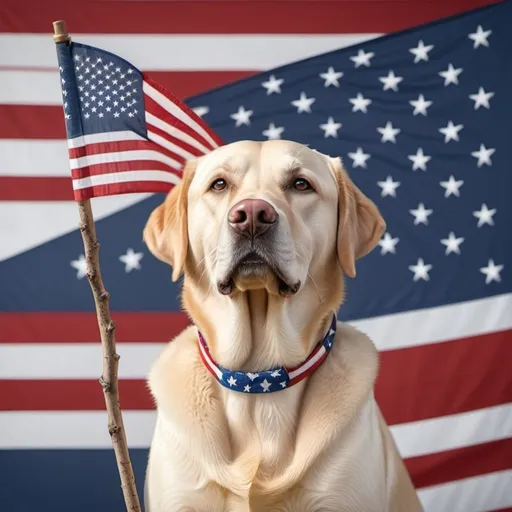 Prompt: A golden Labrador  retriever, holds a stick with an American flag at the end, vintage, metallic red,white and blue, professional lighteng,high detailed,minimalistic. 